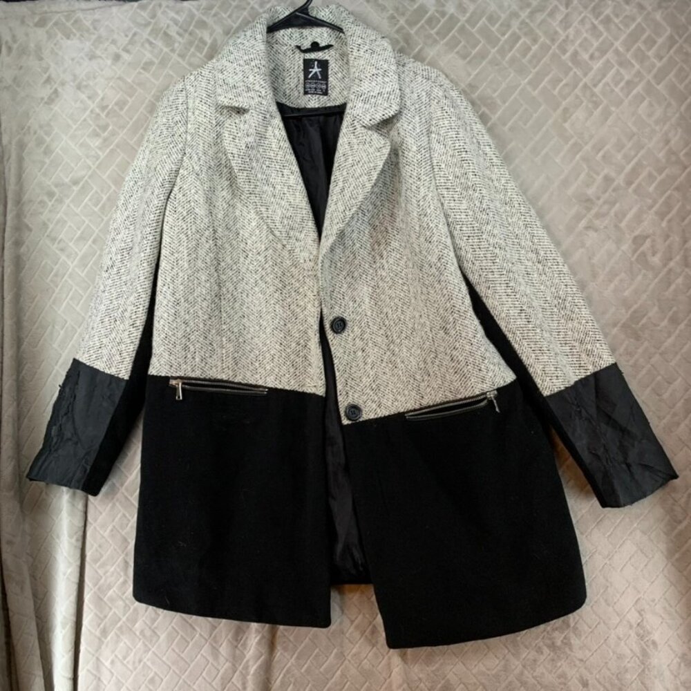 Atmosphere Womens 12 Pea Coat Black White Woolen Mid Length Faux Leather Sleeves - Picture 1 of 16